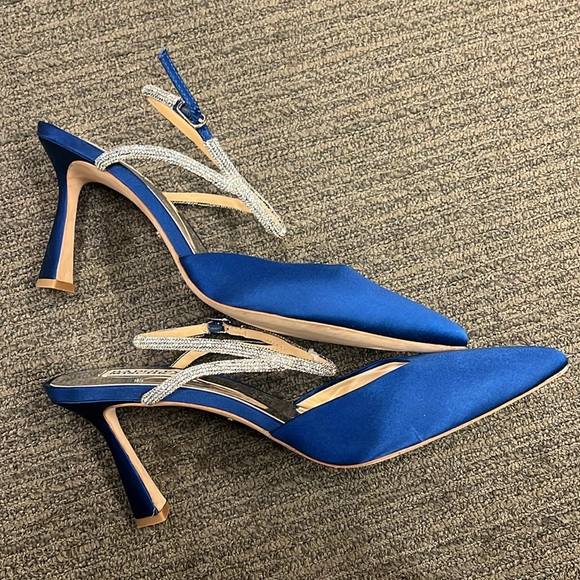 Badgley Mischka royal blue satin evening shoe with crystal straps. - Picture 3 of 4